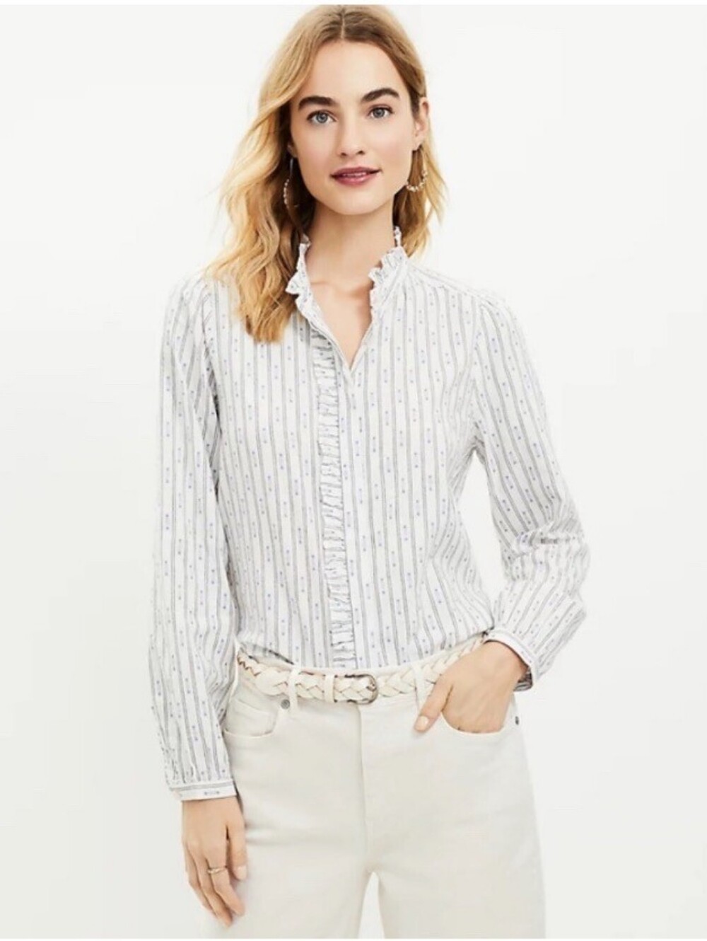 LOFT White Blue Stripe Ruffle Neck Blouse Long Sleeve Women's Large